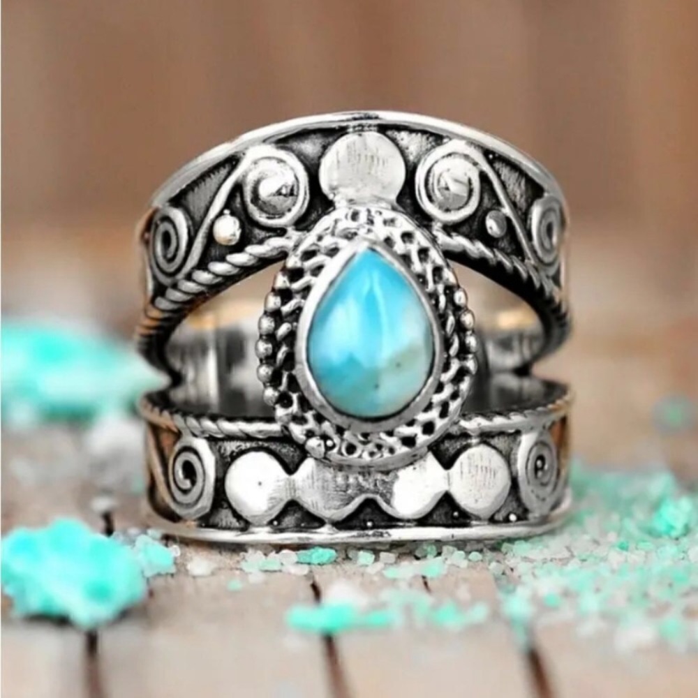 Vintage Style Stainless Chunky Band Ring Inlaid Turquoise New